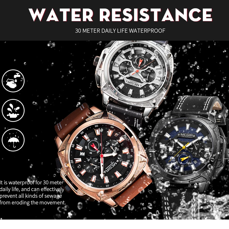 Часы мужские кварцевые с хронографом водонепроницаемые кожаным ремешком |