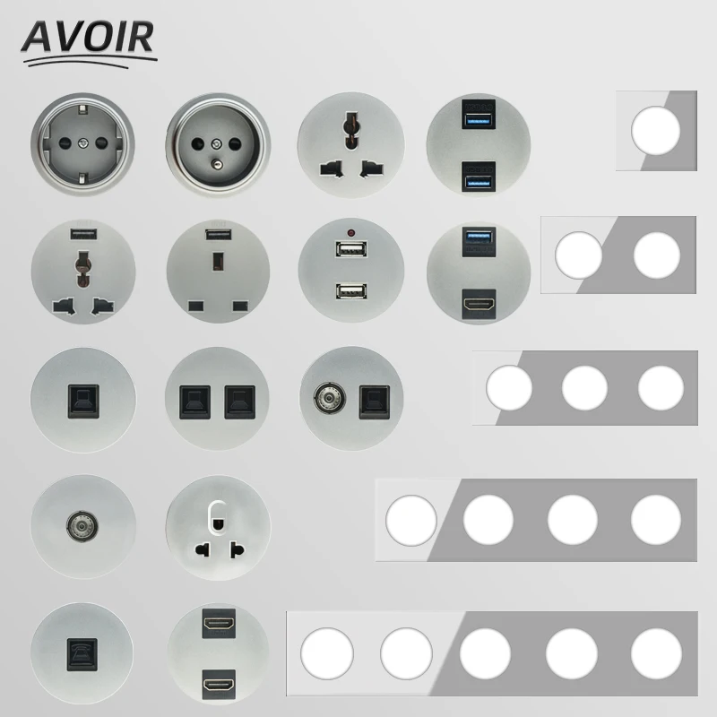 

Avoir Wall Electrical Sockets Gray Glass Panel EU FR UK Standard Outlets TV Rj45 Network Interface Socket With Usb For Home 16A