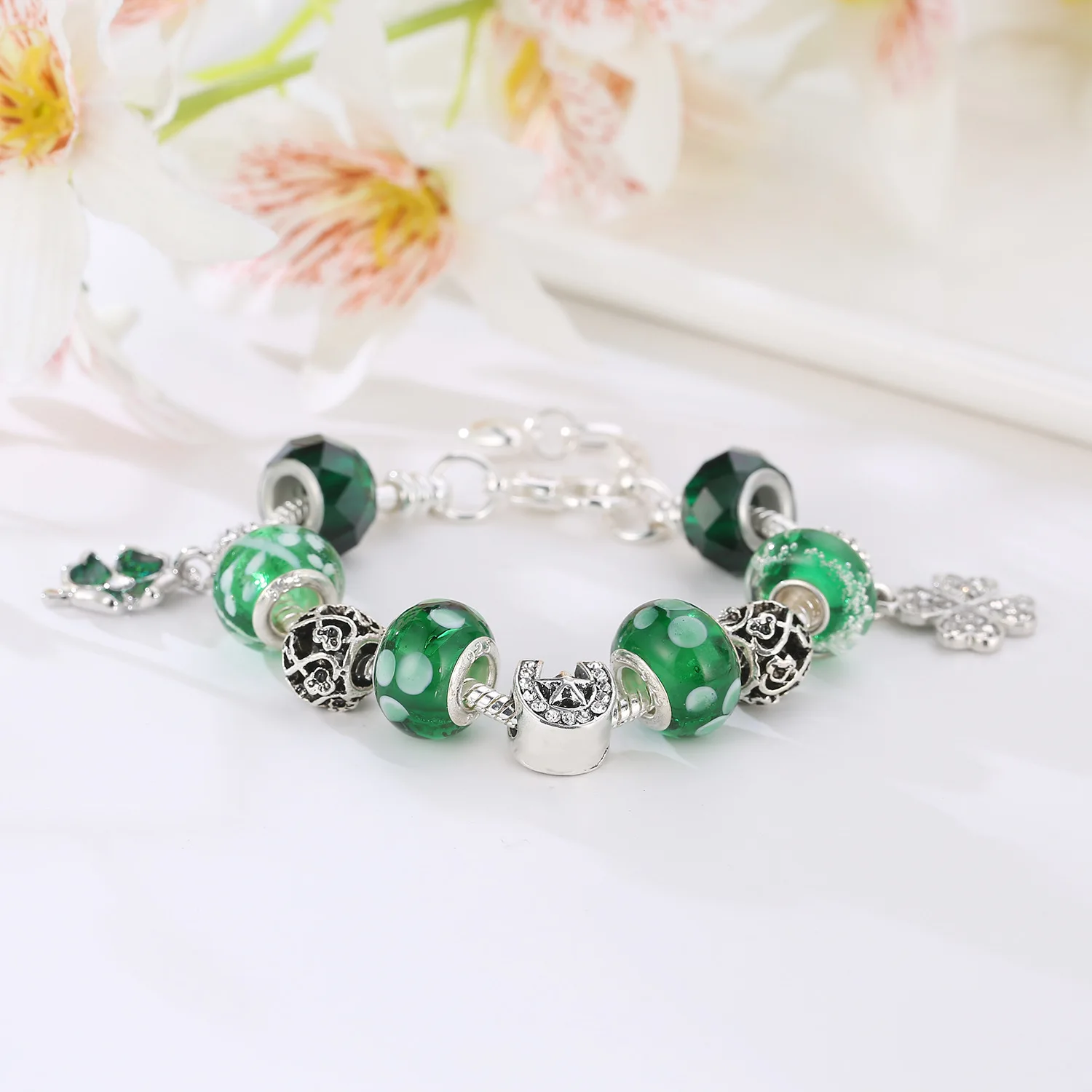 Дропшиппинг Винтажный стиль Европейский Зеленый Кристалл Шарм Пандора браслет