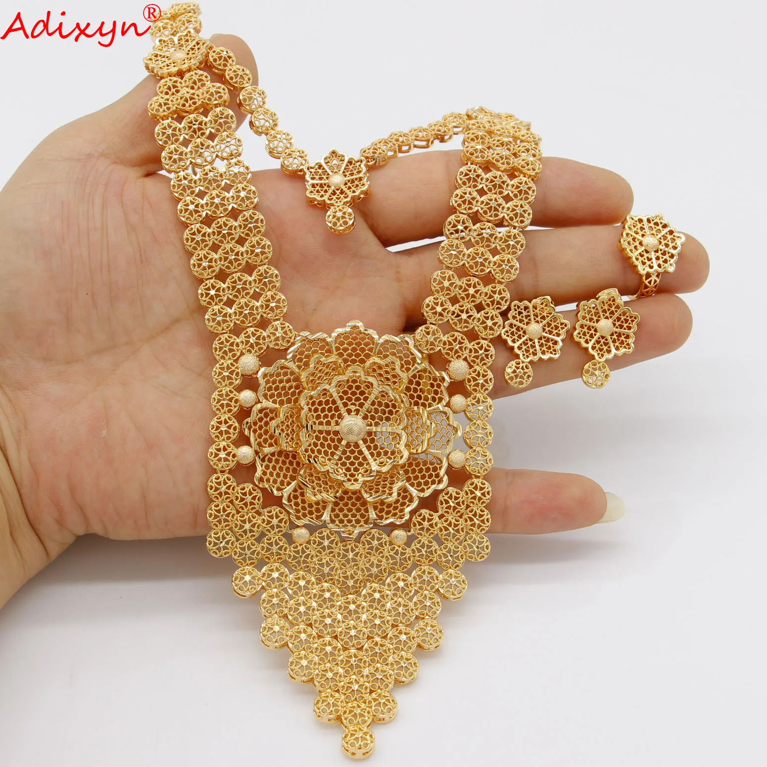 Adixyn 585 Rose gold color Plus Size Necklace Unusual earrings Bracelet Ring for women Hawaiian Jewelry sets N062011 | Украшения и