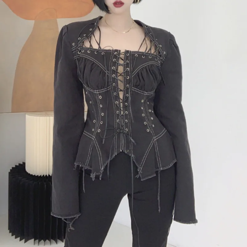 

DEAT 2021 New Spring And Autumn Fashion Casual Temperament Hollow Out Cross Lacing Waistband Denim Jacket Coat Women SL580