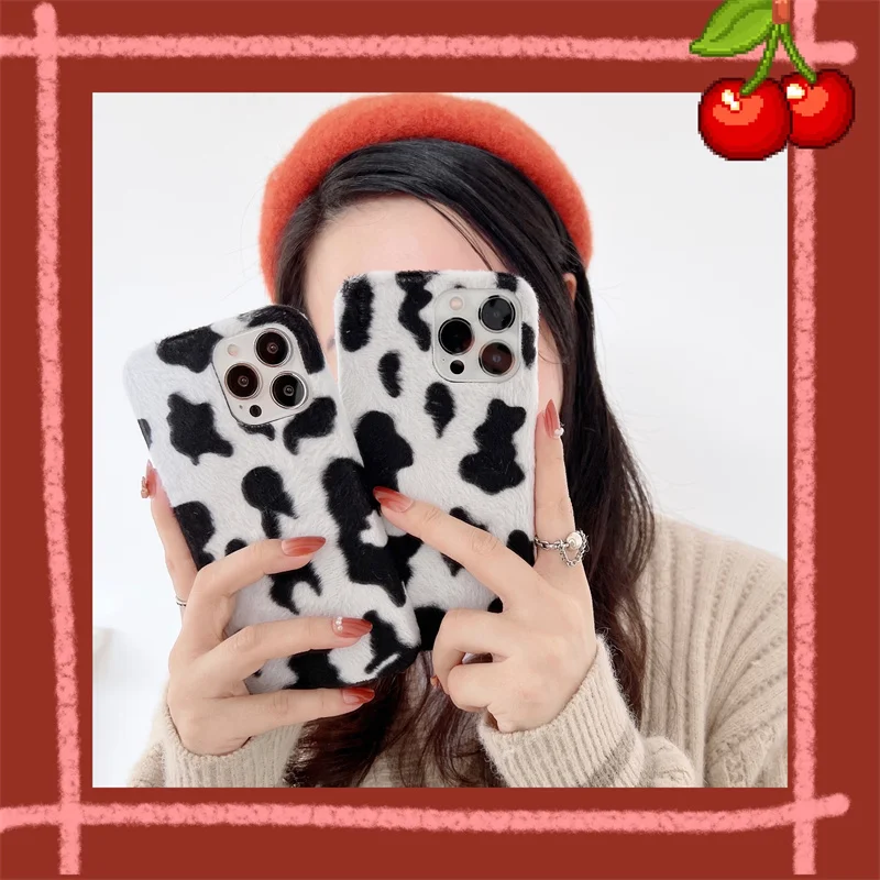 

Cute Luxury Cartoon Plush Cow Phone Cases for iphone 13 12 Mini 11 Pro Max XR X XS 7 8 Plus Soft Lovely Non-slip Fur Back Cover