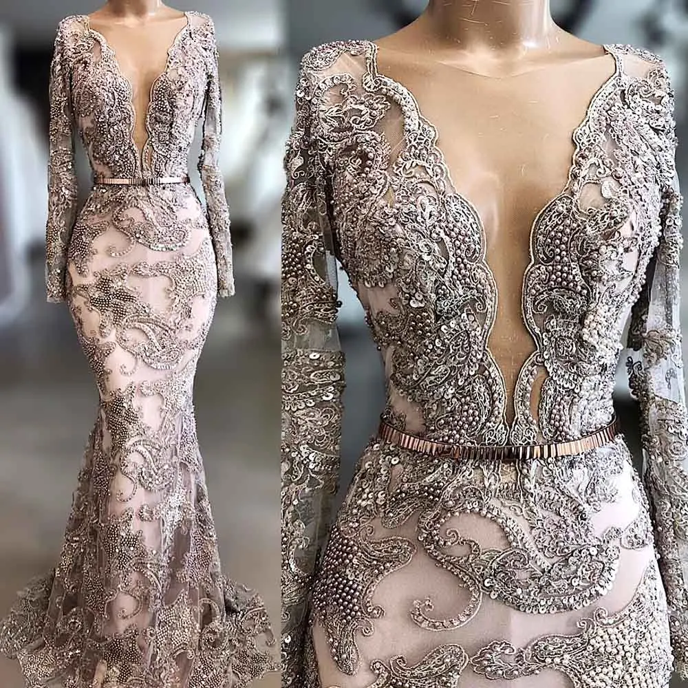 

luxury Arabic Lace Crystal Evening Dress Long Sleeves Sequins tulle Plunging Neck Hand Make Beaded Sheer Mermaid Prom Gown noiva