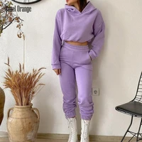 new women loungewear hooded full sleeve sets spring autumn solid short top trousers ladies sportswear sets elastic waist outfits