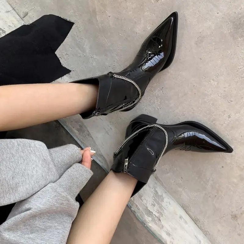 

Taoffen Real Leather Ankle Boots For Women Square Heel Pointed Toe Slip On Metal Shains Western Boots Footwear Size 34-40