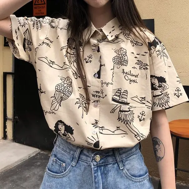

Summer ladies meet fashion lapel shirt shirt casual printing retro short-sleeved T-shirt beach style cartoon image lady T-shirt