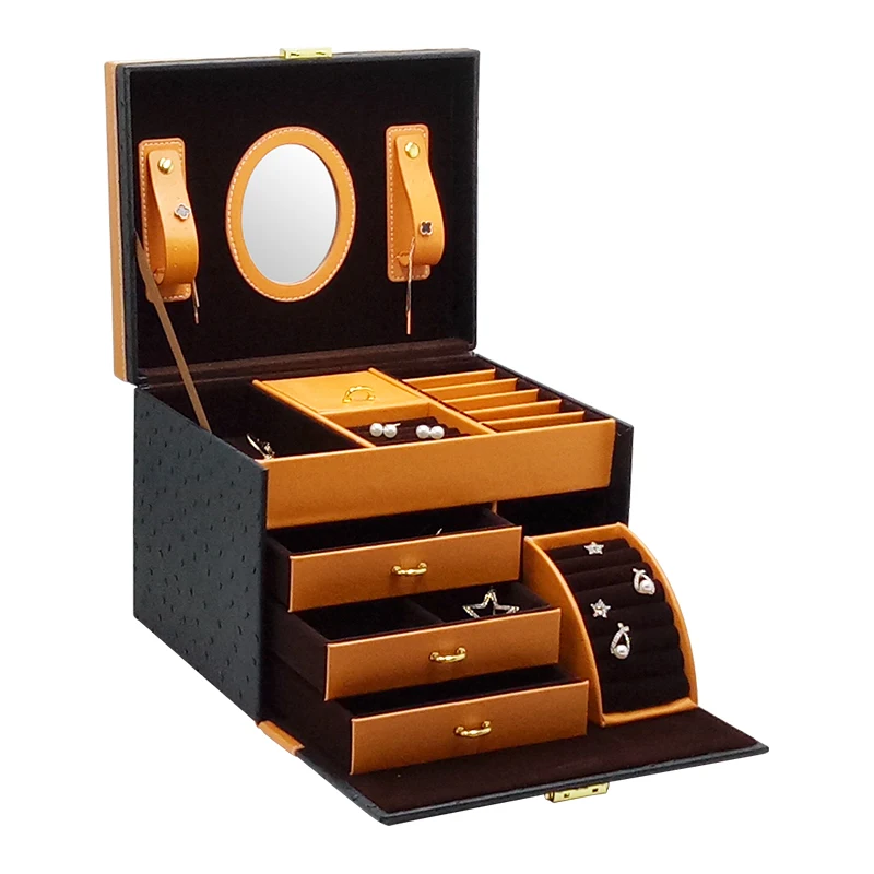 FUN-BEAUTY Ostrich Pattern Leather Jewelry Storage Box Multi-compartment Large-capacity Portable Lock Dressing Case | Украшения и