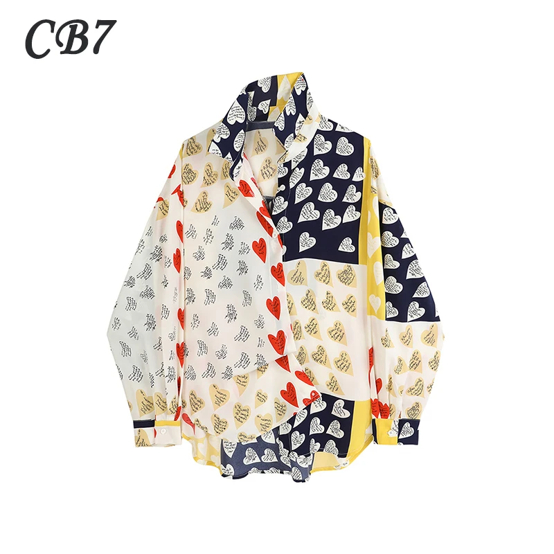 

Женская модная рубашка в стиле ретро с принтом в виде сердца, уличная одежда, цветная Женская шикарная рубашка в стиле Харадзюку с длинными ...