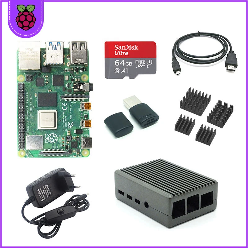 Оригинальный Raspberry Pi 4 2 ГБ ОЗУ + карта памяти 64 Гб Алюминиевый адаптер 3 А корпус из