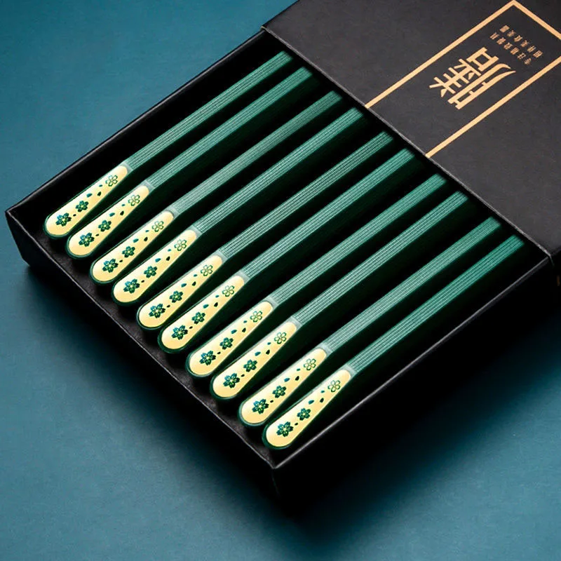 

5 Pairs High-end Dark Green With Golden Spoon Alloy Chopsticks Non-Slip Antibacterial and Mildew Proof Reusable kitchen Tools