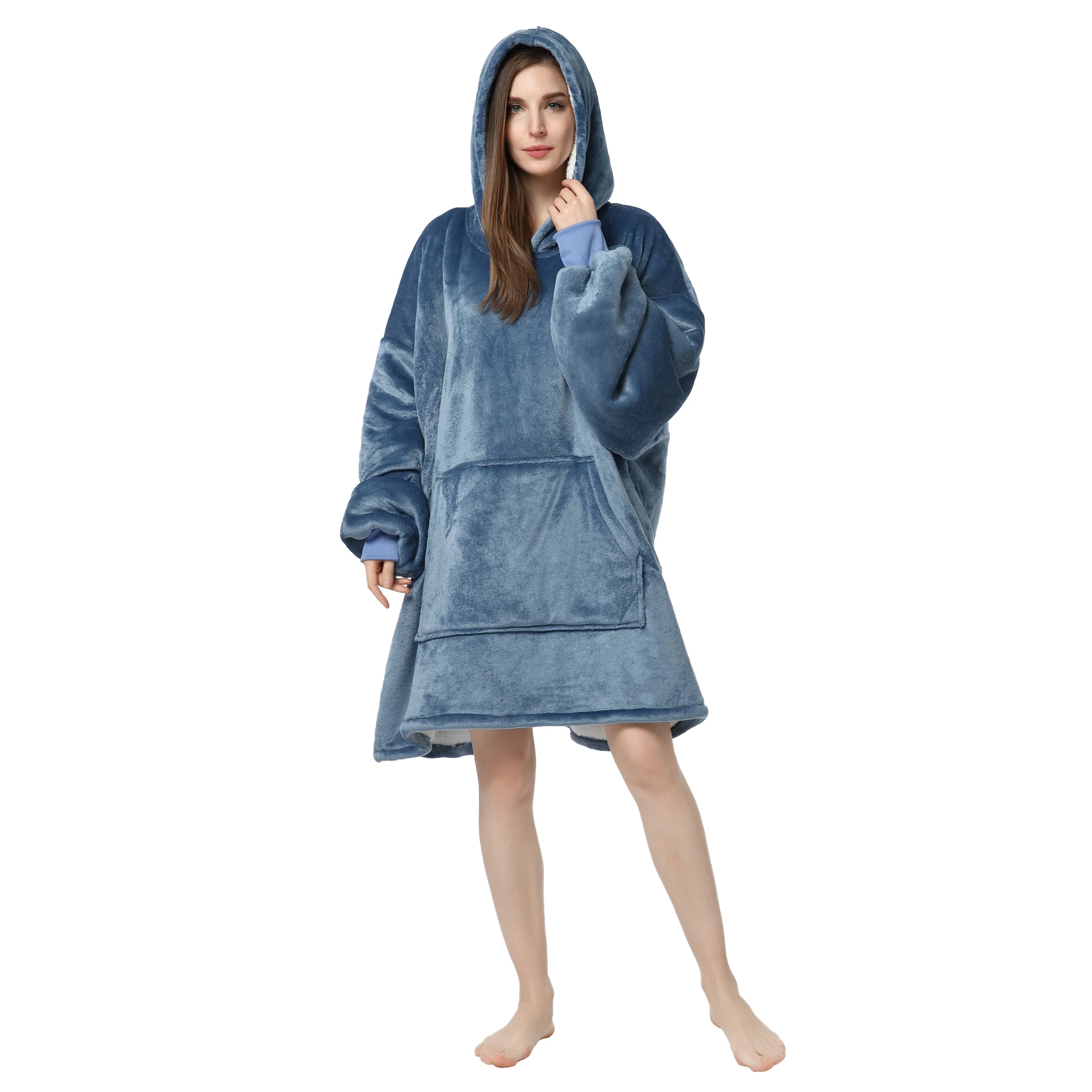 

RONGTAI Gray Blue Oversized Wearable Blankets with Pockets Blanket Hoodie