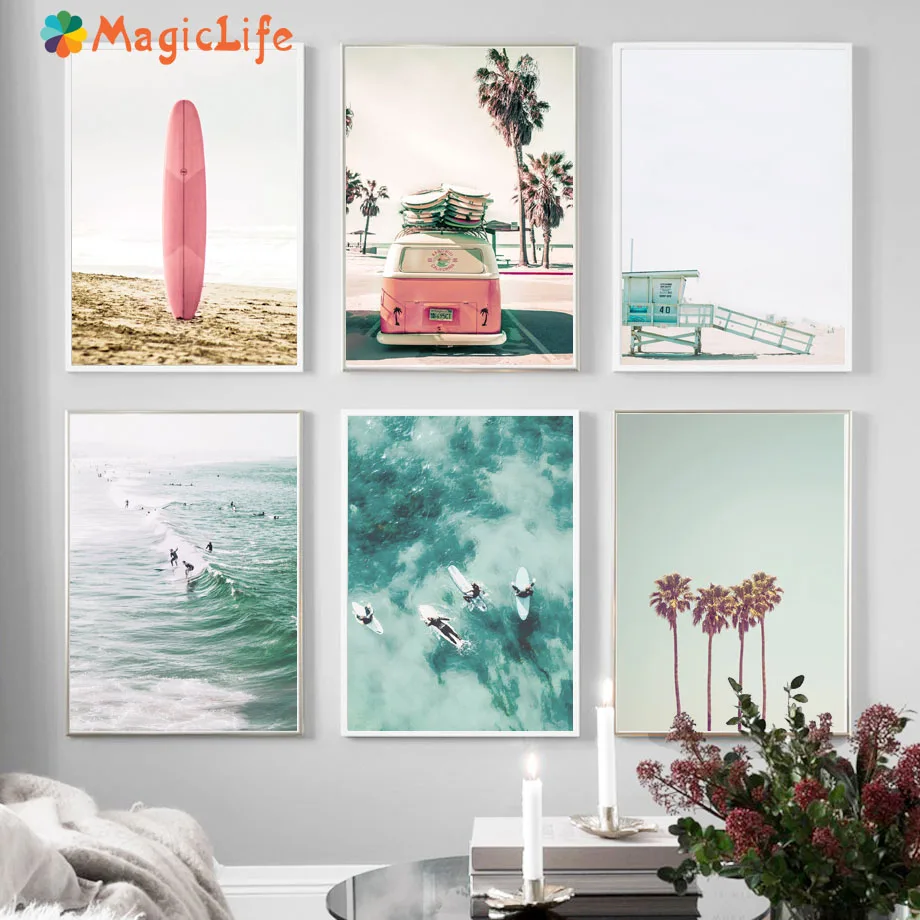 

Beach tourism wall art canvas painting Skateboarding nordic posters and prints seashore seascape decoration home unframed
