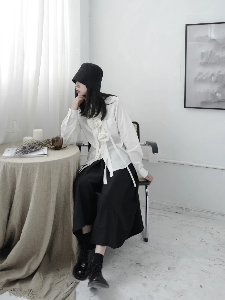 Черно-белая рубашка в стиле Ямамото Асимметричная с цветочным принтом для