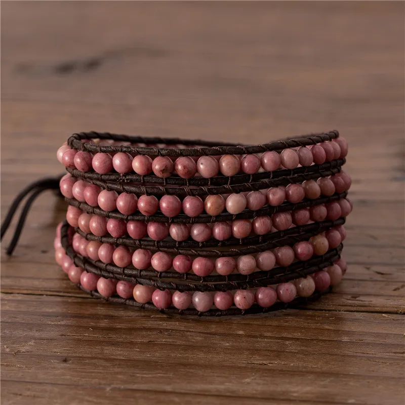 

Rhodonite Stone Beaded Wrap Bracelet Weaving Gemstone Bead Bracelet 5 Rows Leather Bracelet Exclusive Unisex Jewelry Dropship