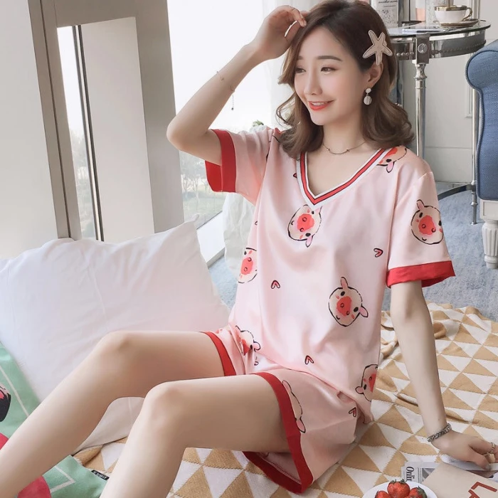 Пижама для женщин лето 2020 милый Принт короткий рукав шелк v-образный вырез