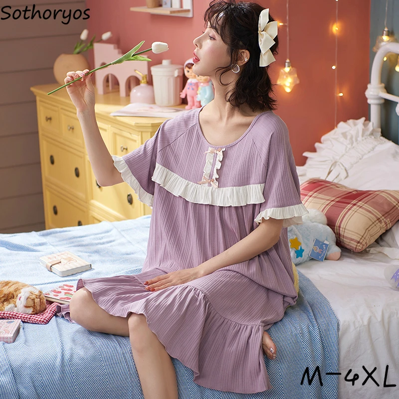 

Женские ночные рубашки большого размера 4XL, летняя тонкая мягкая женская ночная рубашка с оборками, круглым вырезом и коротким рукавом, с пр...