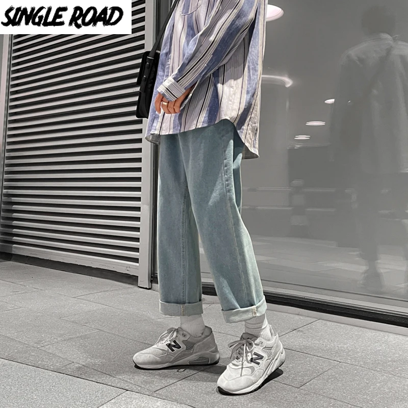 

Single Road Men's Straight Baggy Jeans Men 2021 Solid Denim Pants Japanese Streetwear Korean Style Blue Wide Leg Jeans For Men