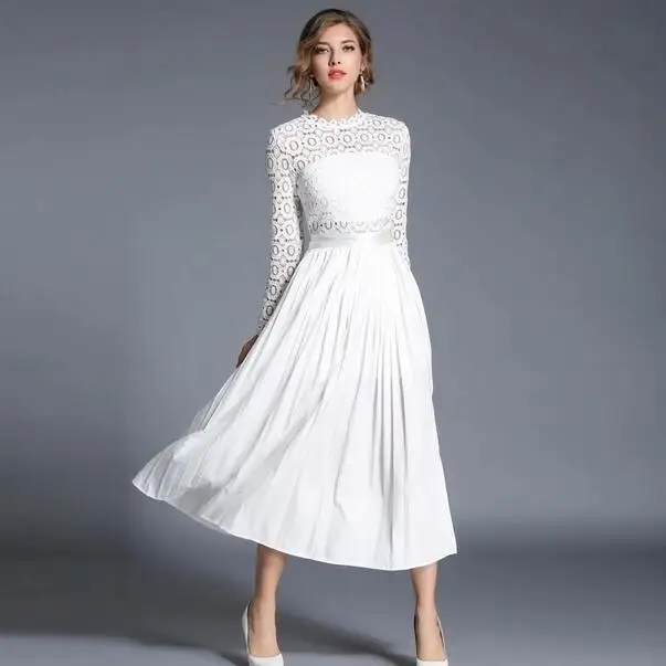 2020 осеннее женское кружевное лоскутное Плиссированное Макси платье vestidos