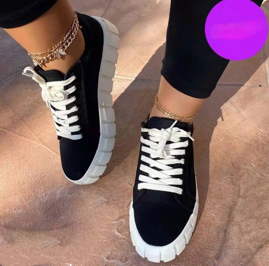 

Women Sneaker Light Fashion Breathble Vulcanized Shoes Platform Lace Up Casual Solid Color Shoes Non-slip Canvas Shoes 2021 New