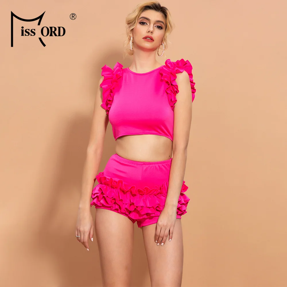 Missord 2020 SS Круглый вырез рукав оборки 2 шт. Женский комплект сплошной цвет без