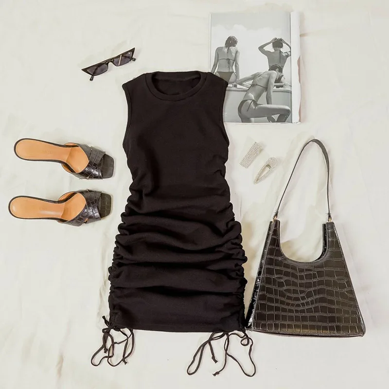 

European And American Popular 2020 Summer New Women's Solid Color Drawstring Pleated Sexy Bag Hip Slim Vest Dress