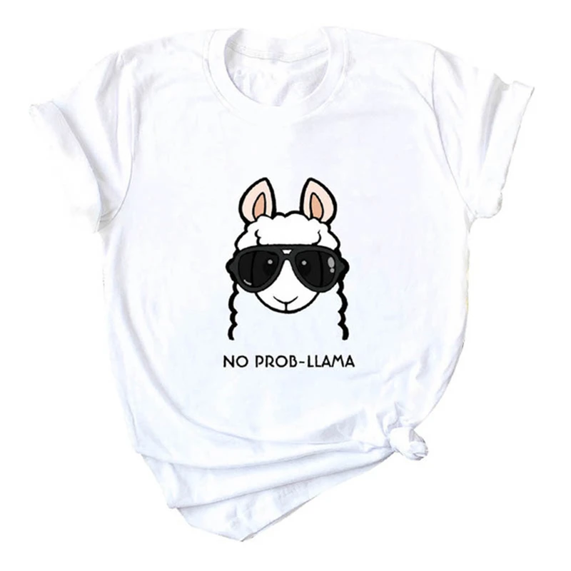

Harajuku funny Women's T-shirt Women Cute Sheep Tops No Prob Llama Cartoon Head Print Short Sleeve Casual Tops Ladies Korean top