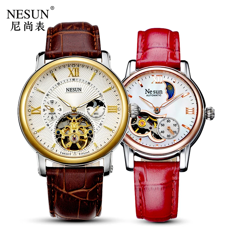Швейцарские часы Nesun Hollow Tourbillon для мужчин и женщин, роскошные брендовые автоматические механические часы для пар, сапфировые часы N9091L