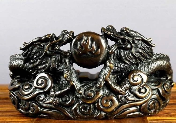Китайская народная фэн-шуй Бронзовая медная Зодиак два дракона игра шарик