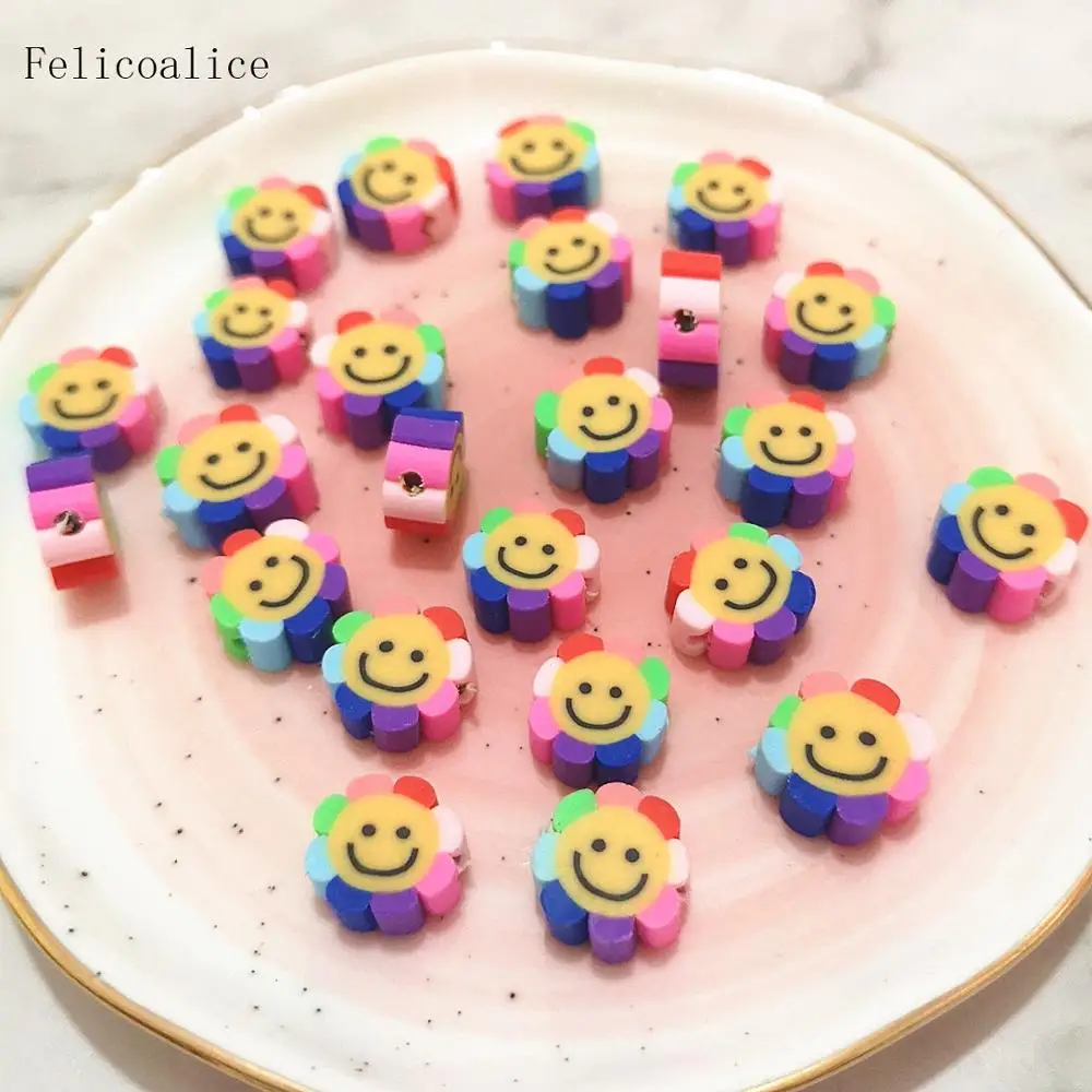 

40pcs 10mm Multicolor Flower shape smiley Polymer Clay Beads for Jewelry Making Girls Diy Bracelet Loose Round Candy Beads
