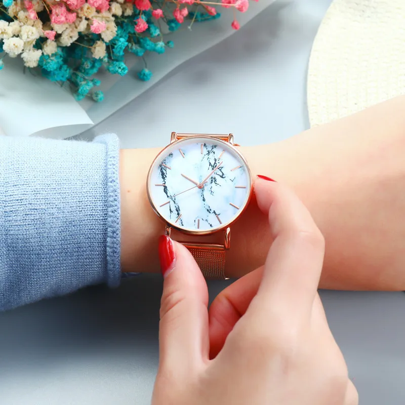 Drop Shipping Rose Gold Mesh Band Creative Marble Watch Female Wrist Luxury Women Quartz Watches Gifts Relogio Feminino | Наручные часы