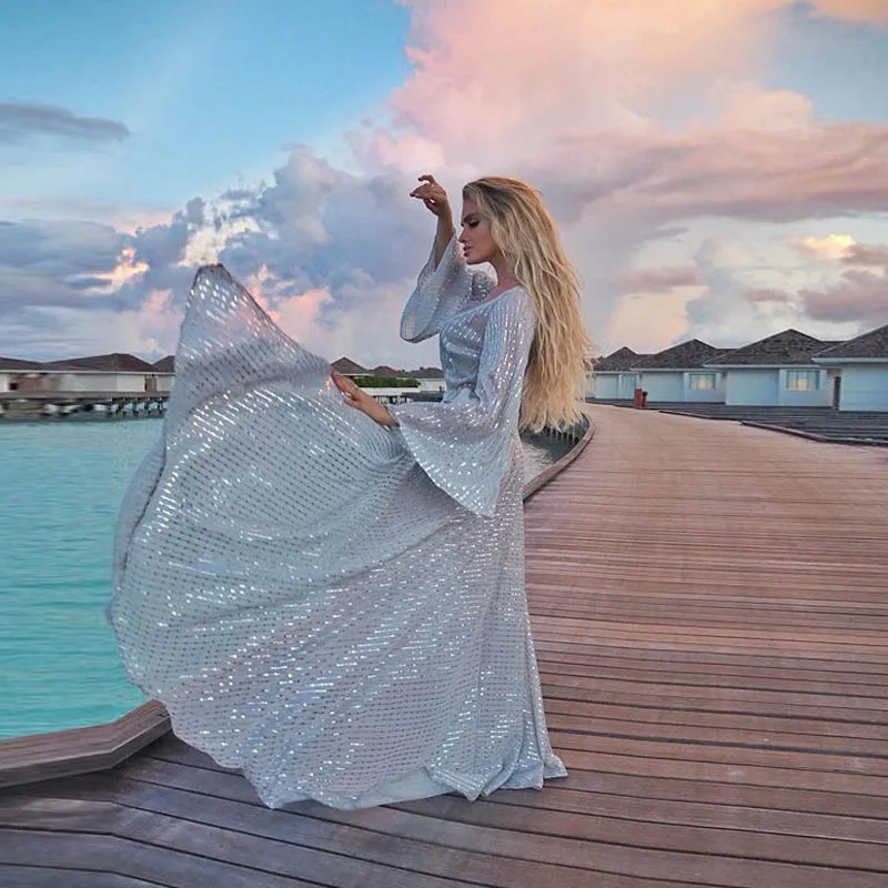 Женское пляжное платье макси однотонное с v-образным вырезом и длинным рукавом