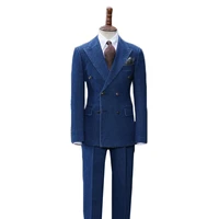 2 pieces oxford men suits blue handsome custom made denim man suits casual modern tuxedos peaked lapel blazer business coatpant