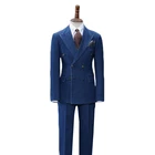 Мужские костюмы из ткани Оксфорд, Синие Красивые джинсовые мужские костюмы на заказ, Повседневный современный блейзер из искусственной кожи, деловой пиджак + брюки, 2 шт.