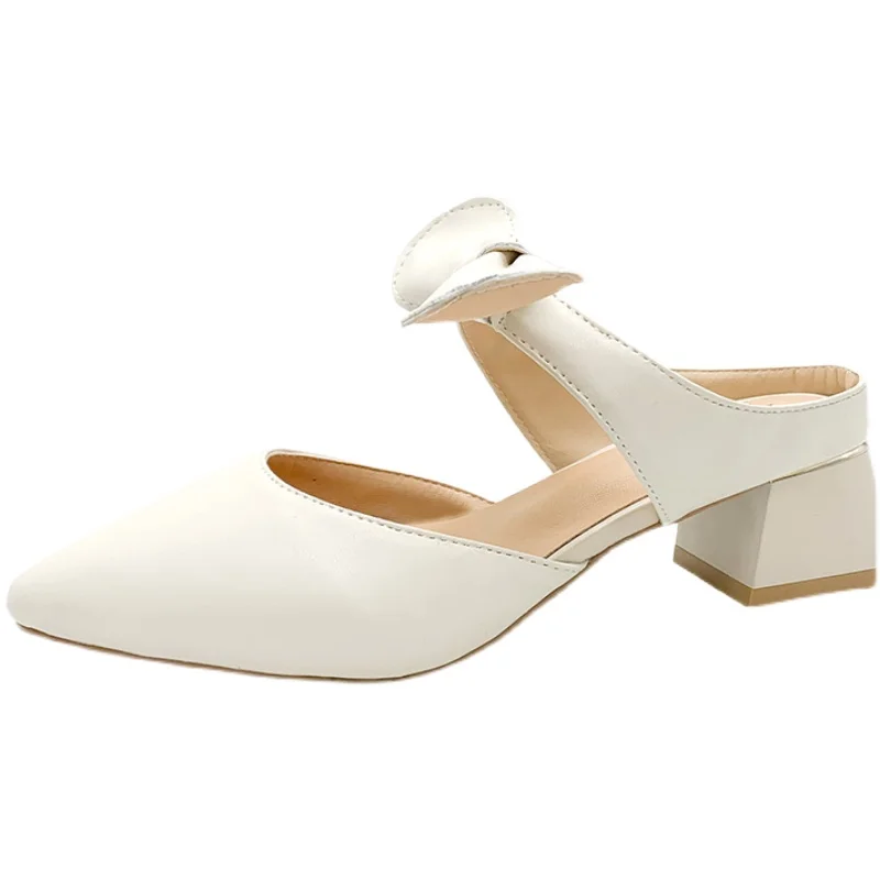 

Spring And Autumn New Style Elegant Sweet Bow Pointed Stiletto Heel Ladies Half Drag Temperament Casual Slippers Fashion.