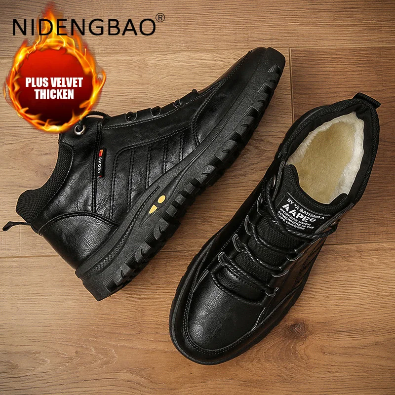

Men Sneakers 2021 Winter PU Leather Waterproof Warm Plush Outdoor Walking Hiking Sports Shoes Non Slip Male Casual Ankle Boots