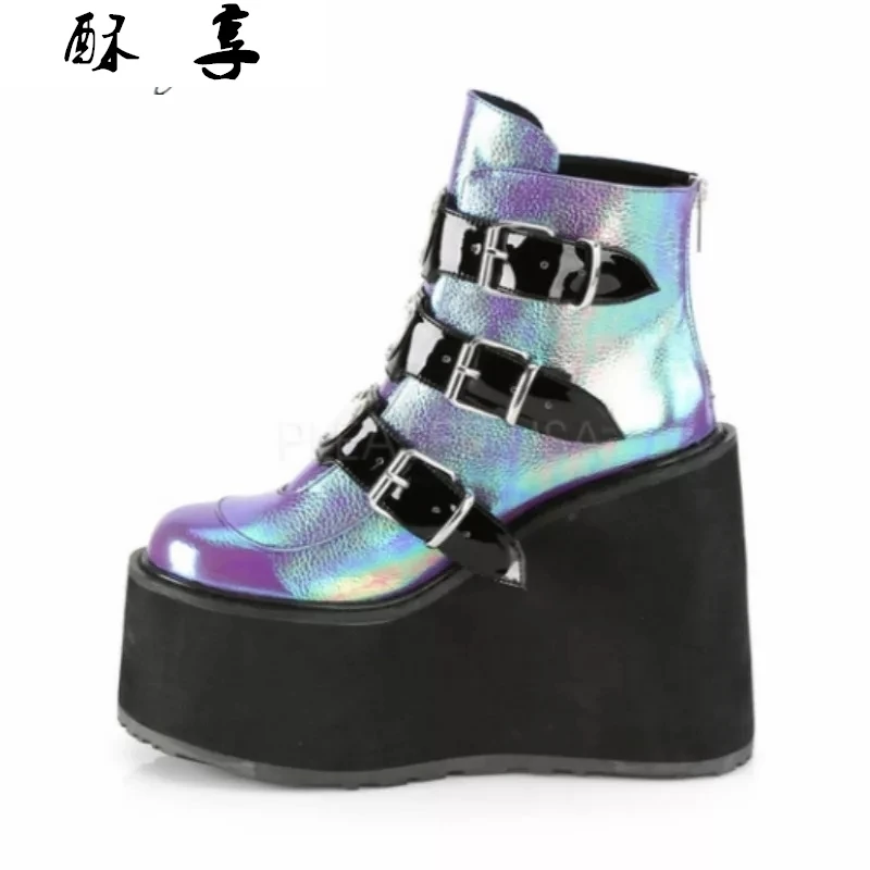 Новинка Зимние сапоги с металлической пряжкой Ботильоны женские ботфорты в