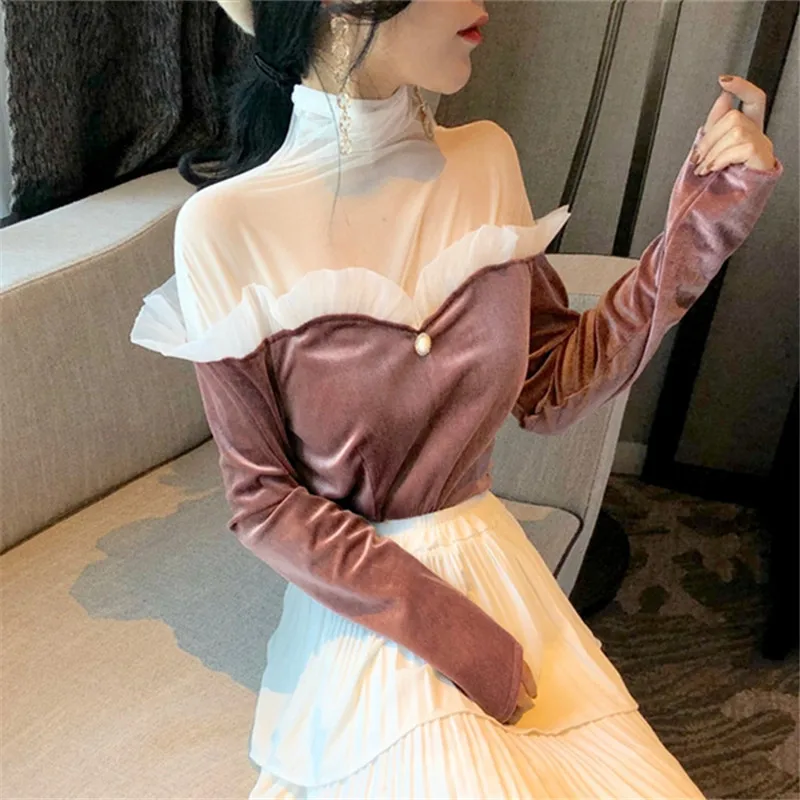 Neploe Ruffles Patchwork Women T-shirt Female Elastic Long Sleeve Pullover 2020 AutumHigh Neck n Vintage Grace Elegant Top 69118 | Женская