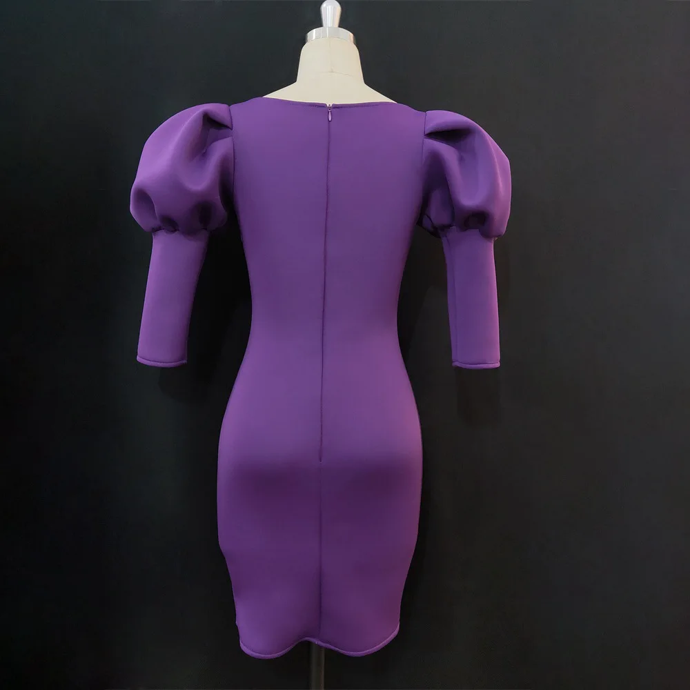 

New Summer Women Celebrity Runway Party Dress Vestido Sexy Purple Puff Sleeve Bodycon Midi Night Club Dress Plus Size XXL EN-136