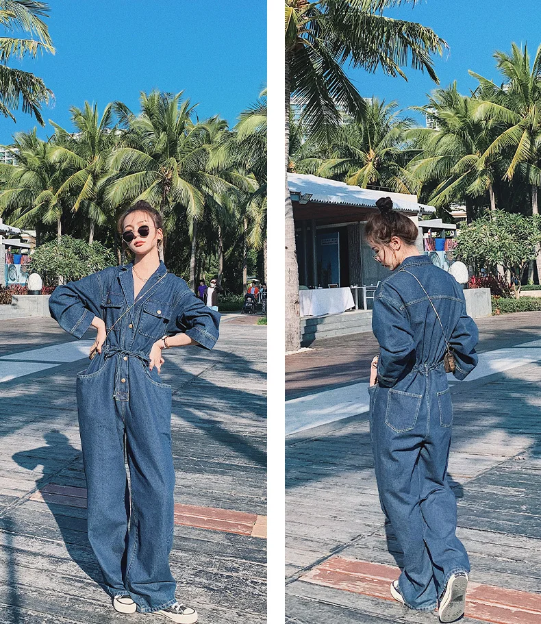 

Wide Leg Denim Jumpsuit Spring Autumn Women Long Sleeve Loose Casual One Piece Jeans Pants Sets Streetwear Hip Hop Overalls 2021