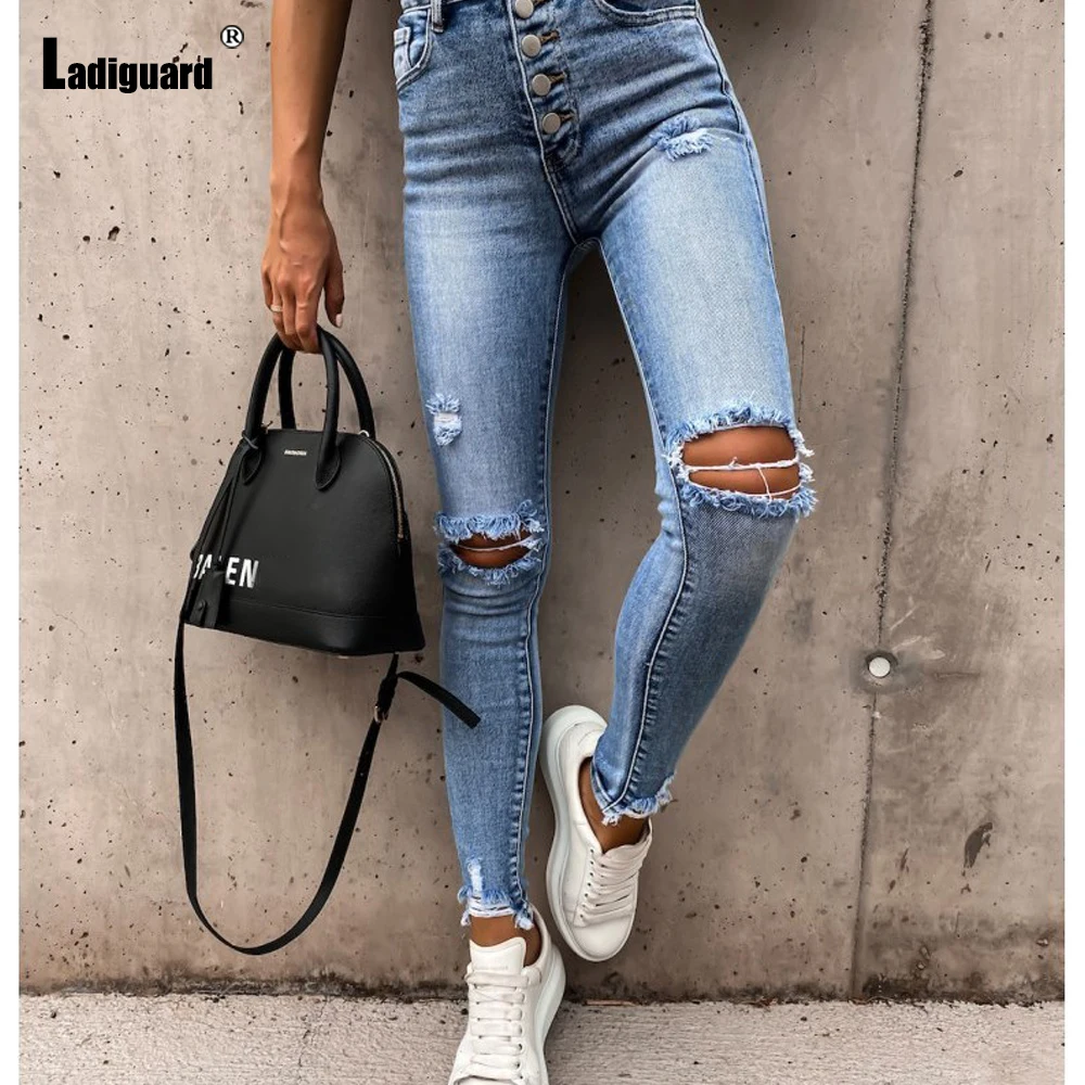 Ladiguard Women Fashion Jeans Denim Pencil Pants High Cut Hole Ripped Trouser Girl Streetwear 2021 New Sexy Push Up Demin Pants