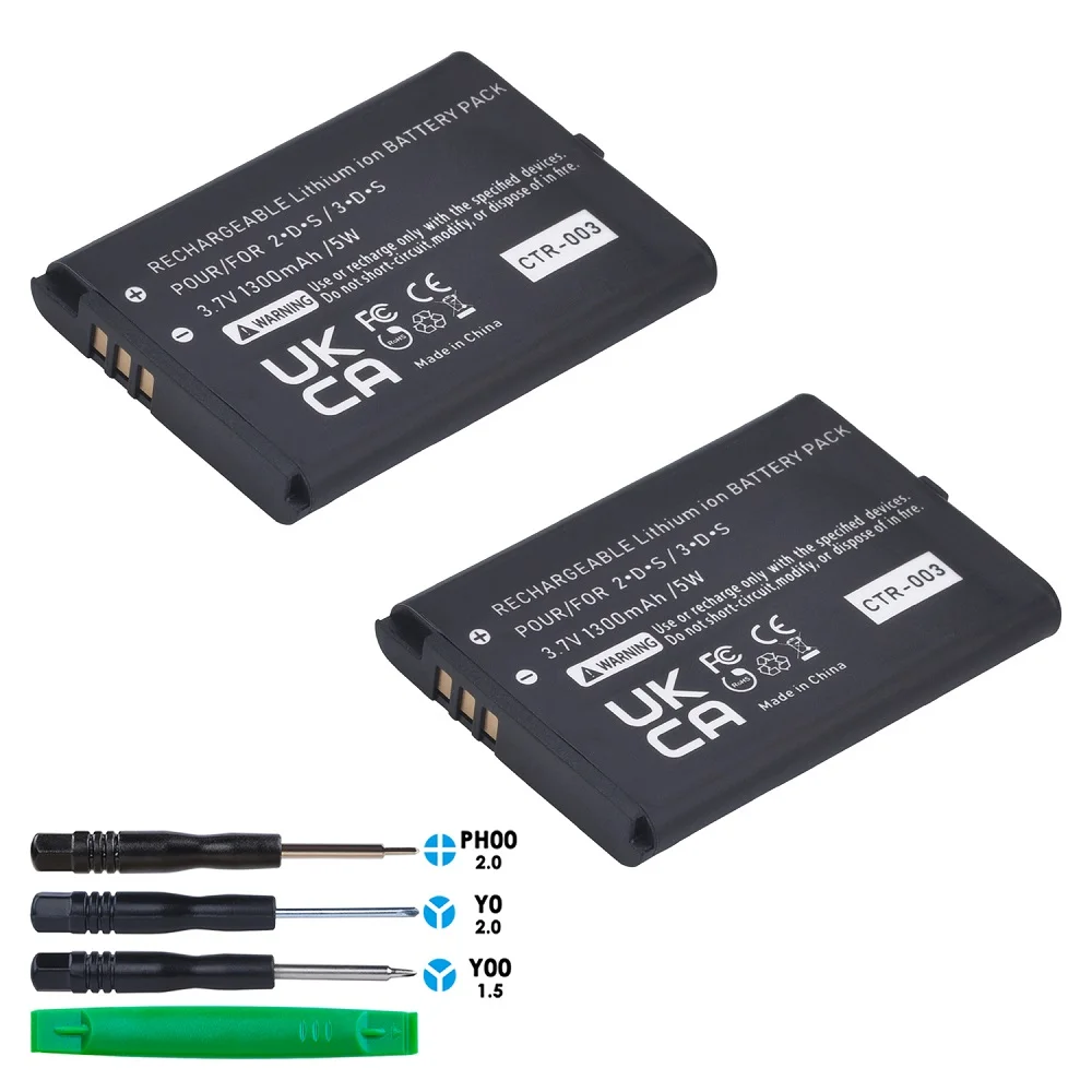 2Pcs New 1300mAh CTR-003 Battery For Nintendo 3DS /2DS 3.7V 5Wh Rechargeable Li-ion Battery Pack Repair Part with tools