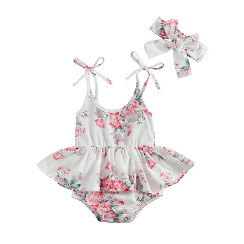 

Cute Baby Summer Outfits Floral Print Tied Strappy Sling Dress Bodysuit+ Bow Hairband Suit for Toddlers Girls 0-24 Months