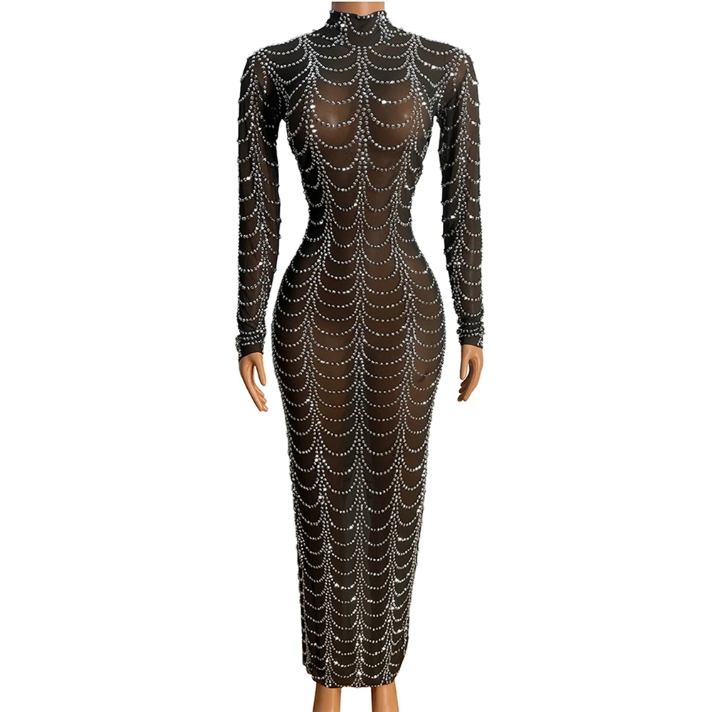 

Black Mesh Sparkly Silver Rhinestones Transparent Long Dress Women Evening Birthday Celebrate Dance Costume Singer Show Wear