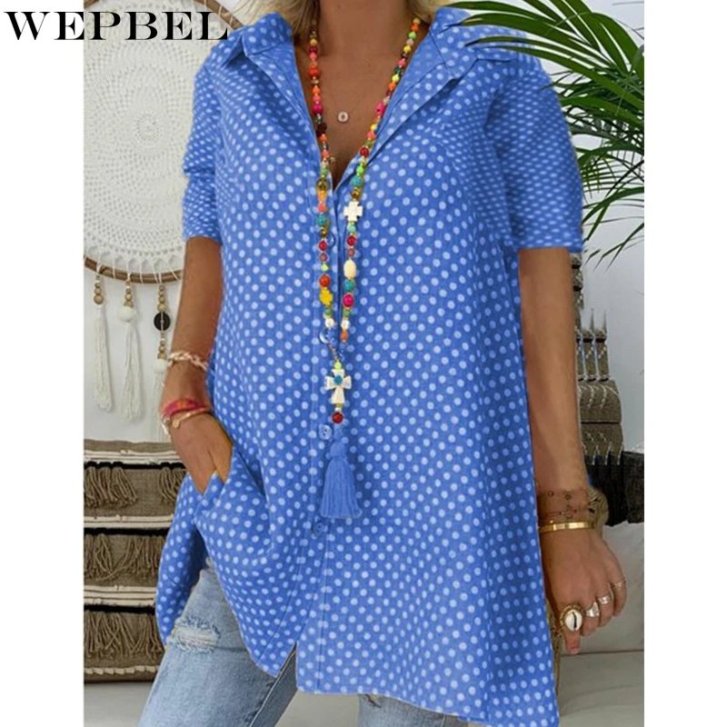 

WEPBEL Shirt Women's Casual Dotted Prints Loose Shirt Summer Fashion Single-Breasted Short Sleeve Turn-down Collar Shirt
