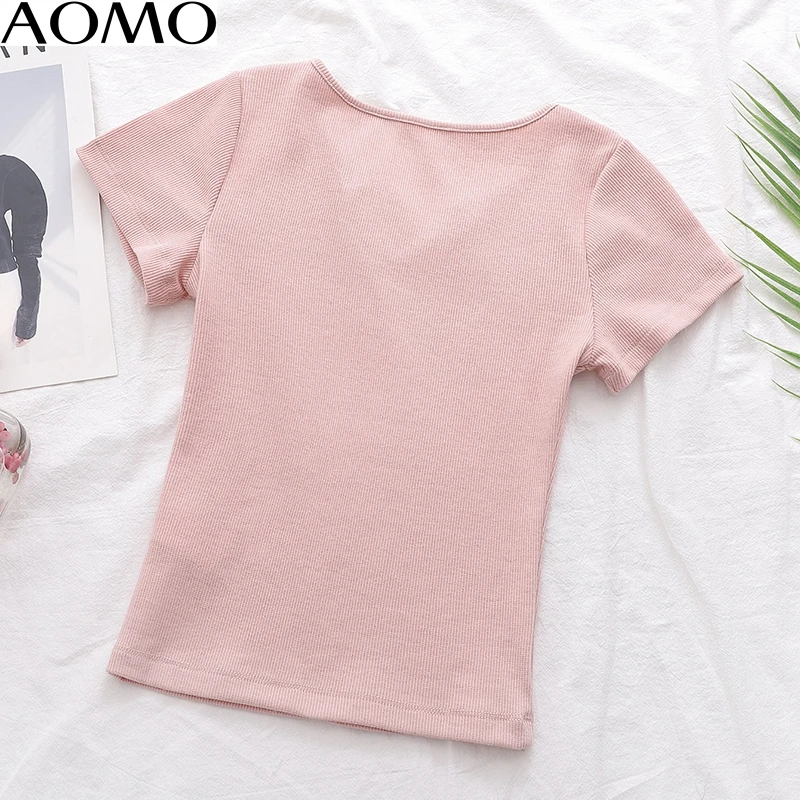 

AOMO women vintage solid cotton 2020 T shirt short sleeve v neck tees ladies casual tee shirt street wear top 1D310A