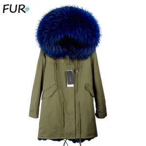 2020 winter new women army green parka jacket coats thick real raccoon fur collar hooded fur lining long version hot sale brand free global shipping