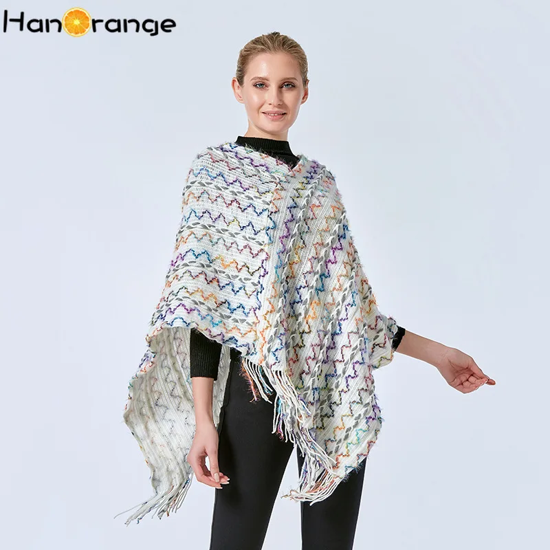 

HanOrange Женская Асимметричная накидка, шаль, Стиль Ленивый, v-образный вырез, одноцветные волнистые накидки с бахромой, свитер, пуловер