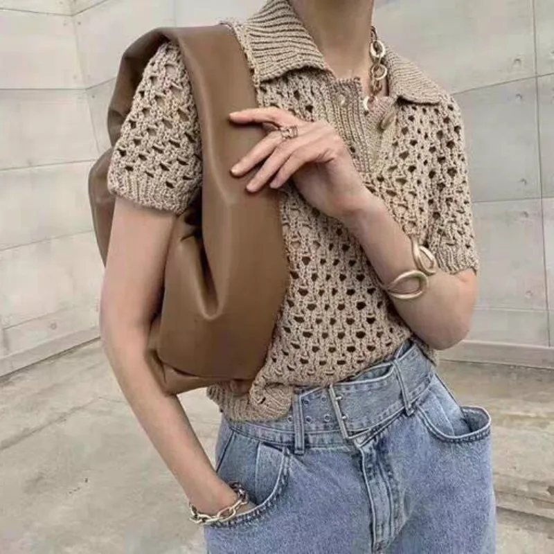 

Women Summer Sexy Hollow Out Elegant Short Blouse Knitted Shirt Slim Casual Pullover Smock Tops
