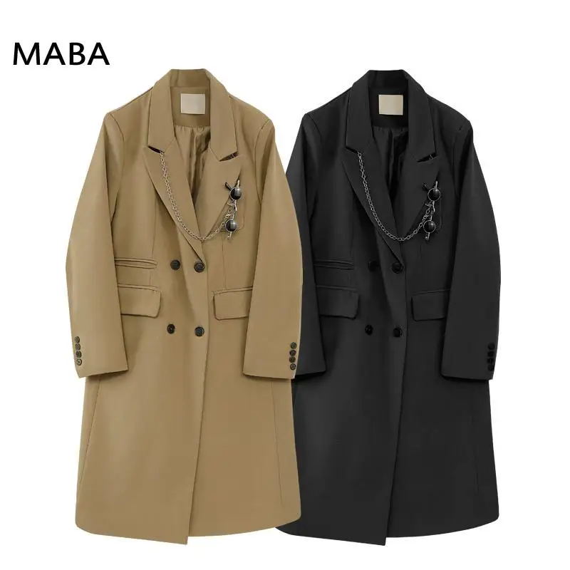 

Long Blazers Women Clothing Autumn Winter New Ladies Notched Collar Long Sleeve Loose Double Breasted Black / Khaki Blazers Coat