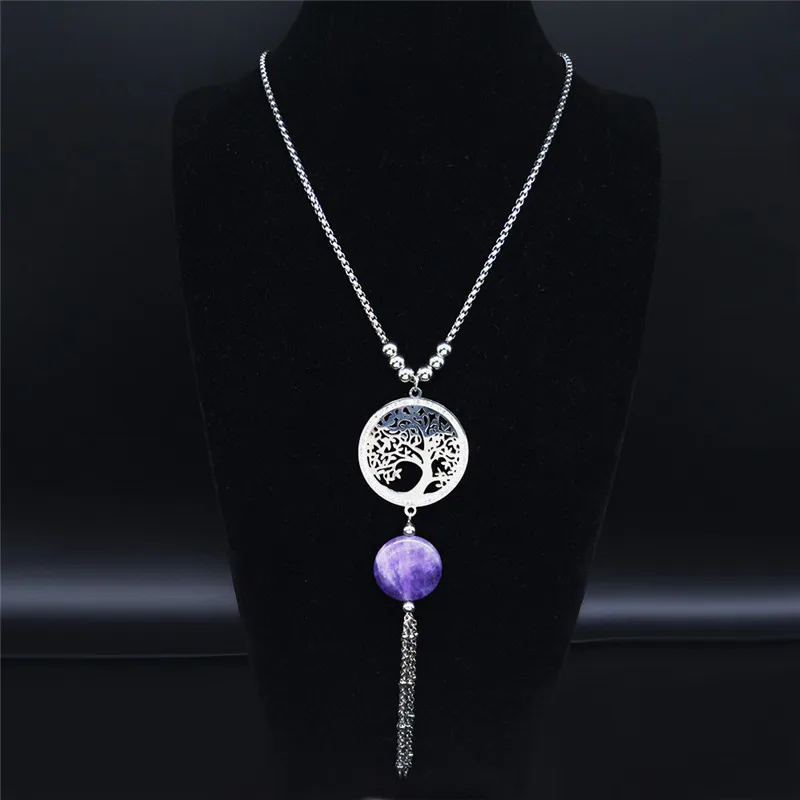 

2021 Stainless Steel Natural Purple Crystal Chain Necklace Women Silver Color Long Tassel Tree of Life Necklace Jewelry N18S04